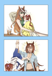 ! absurdres aged_down animal_ear_piercing animal_ears barefoot blanket blue_shorts bow brown_hair chair collared_shirt commentary comparison crop_top ear_ornament flipped_hair green-framed_eyewear hahahaihai hair_between_eyes hair_bow highres holding_another's_leg horse_ears horse_girl horse_tail iced_tea jellyfish_cut jewelry layered_sleeves lifting_person long_hair long_skirt lounge_chair midriff necklace open_clothes open_shirt parody photo-referenced ponytail red_eyes shirt shorts simple_background single_hair_streak sirius_symboli_(umamusume) skirt sleeping sleeping_on_person strapless striped_clothes striped_shirt sunglasses symboli_rudolf_(umamusume) tail tokai_teio_(umamusume) tube_top umamusume unworn_eyewear vertical-striped_clothes vertical-striped_shirt white_shirt white_tube_top 