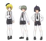  3boys adapted_uniform ahoge anchovy bandaid bandaid_on_face black_hair blonde_hair blush carpaccio genderswap girls_und_panzer green_eyes green_hair hands_on_hips looking_at_viewer multiple_boys necktie pantyhose pepperoni_(girls_und_panzer) short_hair shorts simple_background solokov_(okb-999) suspenders white_background white_legwear 