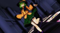  1girl bad_link bloomers closed_eyes clothes_lift dutch_angle eyeball floral_print furui green_hair green_skirt hat hat_ribbon heart heart_of_string komeiji_koishi long_sleeves mikumikudance_(medium) open_mouth ribbon short_hair skirt skirt_lift smile solo stained_glass stairs third_eye touhou underwear wide_sleeves 