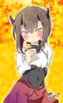  1girl blush brown_hair embarrassed food headband highres holding imu_sanjo kantai_collection looking_at_viewer pleated_skirt short_hair skirt solo sweet_potato taihou_(kantai_collection) trembling wavy_mouth 