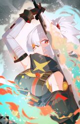  1girl absurdres arm_up armpits bandana bandana_around_neck bare_shoulders black_bandana black_gloves breasts broken_eyewear closed_mouth commentary fire gloves grey_background grey_sleeves hair_between_eyes highres holding holding_sword holding_weapon large_breasts looking_at_viewer orange-tinted_eyewear orange_visor ponytail red_eyes soldier_11_(zenless_zone_zero) solo sword tinted_eyewear upper_body watermark weapon white_hair zenless_zone_zero zeroartwo 