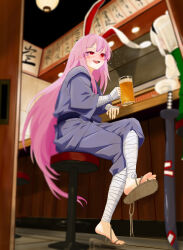  1054945689 2girls absurdres alcohol animal_ears bandaged_arm bandaged_leg bandages bar_(place) beer belt black_hairband blue_kimono blue_pants blurry blurry_background brown_sandals chair chinese_commentary commentary_request crossed_legs cup curtains door drinking_glass drunk feet from_behind full_body green_skirt green_vest hair_between_eyes hairband hand_up highres holding holding_cup indoors japanese_clothes katana kimono konpaku_youmu lamp long_hair long_sleeves looking_at_another multiple_girls ofuda on_chair open_mouth pants pink_hair plate pleated_skirt puffy_short_sleeves puffy_sleeves purple_belt rabbit_ears rabbit_girl red_eyes reisen_udongein_inaba ribbon sandals shadow shirt short_hair short_sleeves sidelocks sitting skirt skirt_set smile soles solo_focus sword table teeth tongue touhou upper_body very_long_hair vest weapon white_hair white_ribbon white_shirt wide_sleeves wooden_floor 