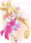  1girl aida_mana arm_warmers blonde_hair boots cure_heart detached_sleeves dokidoki!_precure dress earrings hair_ornament half_updo heart heart_earrings jewelry long_hair magical_girl open_mouth pink_eyes ponytail precure skirt smile solo t2r 