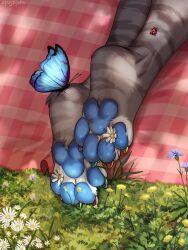  1girl blue_butterfly blue_flower bug butterfly daisy_(flower) feet flower foot_focus furry furry_female grass grey_fur highres ladybug original pawpads solo spuydjeks susie_(susiekyuu) white_flower 