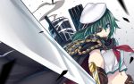  &gt;:) 1girl brown_gloves cape eyepatch gloves green_eyes green_hair h-new hat highres holding kantai_collection kiso_(kantai_collection) looking_at_viewer machinery navel school_uniform serafuku short_hair smile solo sword weapon wind 