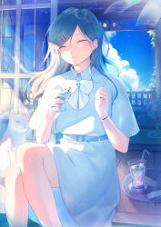  1girl absurdres belt blue_hair bow bowtie cat closed_eyes closed_mouth collared_dress cup dress electric_fan facing_viewer food hair_ornament hairclip highres holding holding_cup holding_spoon ice_cream long_hair mole mole_under_mouth onigiri_(122359088) original parallel_hairclips sitting smile solo spoon white_dress 