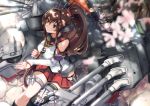  1girl blurry brown_eyes brown_hair cherry_blossoms depth_of_field detached_sleeves holding kantai_collection long_hair machinery oriental_umbrella petals pleated_skirt ponytail revision sitting skirt smile solo tree_shade tsuuhan turret umbrella very_long_hair yamato_(kantai_collection) 