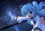  1girl :d blue_eyes blue_hair dress dutch_angle hair_ribbon highres kitayuki long_hair looking_at_viewer meteor_shower noel_(sora_no_method) open_mouth pointing ribbon sky smile solo sora_no_method star_(sky) starry_sky two_side_up white_dress wind 