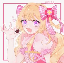  1girl blonde_hair candy chaos_marie_(grimms_notes) chocolate cleavage_cutout clothing_cutout comothishishamo corset dated fingernails food grimms_notes hand_up heart heart-shaped_chocolate heart-shaped_food highres holding holding_chocolate holding_food looking_at_viewer open_mouth pink_eyes protected_link puffy_short_sleeves puffy_sleeves red_corset short_sleeves smile solo 
