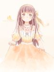  1girl :o alternate_costume brown_eyes brown_hair dress duizhang fruits_basket hairband honda_tooru jewelry long_hair necklace pearl_necklace ribbon short_sleeves simple_background solo yellow_dress yellow_ribbon 