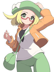  1girl ass_visible_through_thighs bianca_(pokemon) blonde_hair bow breasts closed_mouth collarbone glasses green_bag green_eyes green_hat green_pants hat hat_bow hiyoshipow jacket long_sleeves looking_at_viewer orange_jacket pants pokemon pokemon_bw2 red-framed_eyewear shirt short_hair simple_background white_background white_bow white_shirt 