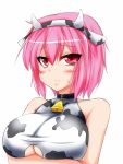  1girl 3: animal_costume bell bell_collar blush breast_lift breasts bust collar cow_costume cow_horns cow_print horns komeiji_satori large_breasts parmiria pink_eyes pink_hair short_hair solo touhou tsurime underboob_cutout 