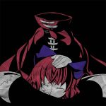  1girl black_background bow cape disembodied_head hair_bow hand_on_own_head holding_head indian_style kneehighs oimo_(imoyoukan) redhead sekibanki short_hair simple_background sitting sleeping touhou 