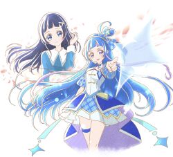  2girls aokaze_nana blue_hair blue_shirt blue_wrist_cuffs blush brooch commentary_request cure_wink detached_collar dress dual_persona hair_bun hair_ornament hairband half_up_bun heart heart-shaped_hair heart_brooch heart_hair_bun idol_heart_brooch_(precure) idol_heart_incom jewelry kimi_to_idol_precure long_hair long_sleeves looking_at_viewer multicolored_hair multiple_girls one_eye_closed open_mouth plaid_clothes plaid_ribbon plaid_sleeves precure ribbon shirt smile violet_eyes wonderful_tanaka wrist_cuffs 