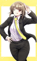  1girl ;) ;q black_jacket black_pants black_suit bob_cut border brown_hair collared_shirt commentary cowboy_shot hand_on_own_hip highres inverted_bob jacket light_particles long_sleeves looking_at_viewer love_live! love_live!_nijigasaki_high_school_idol_club nakasu_kasumi necktie one_eye_closed outside_border pant_suit pants red_eyes salute shirt simple_background smile solo suit suit_jacket tongue tongue_out two-finger_salute typeakiha73 white_background white_shirt yellow_border yellow_necktie 