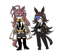  2girls ahoge animal_ears blue_eyes blue_flower boots brown_hair closed_mouth commentary cuffs-to-collar english_commentary flower flower_over_eye full_body gloves hair_between_eyes hair_over_one_eye hairband highres horse_girl horse_tail index_(identity)_(project_moon) jacket limbus_company long_hair long_sleeves mihono_bourbon_(umamusume) multiple_girls one_of_agnes_digital project_moon rice_shower_(umamusume) shirt simple_background standing tail thigh-highs umamusume very_long_hair violet_eyes white_background 