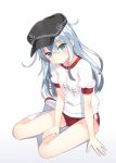  1girl anchor anchor_symbol flat_cap hat hibiki_(kantai_collection) hyuuga_azuri kantai_collection kneehighs long_hair looking_at_viewer name_tag open_mouth sportswear white_background white_hair white_legwear 