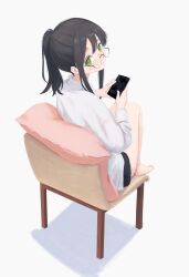  1girl absurdres barefoot black_hair black_shorts cellphone chair commentary diky feet_on_chair from_behind from_side glasses green_eyes hair_between_eyes highres holding holding_phone light_smile long_sidelocks long_sleeves looking_at_viewer looking_back on_chair original phone pillow ponytail semi-rimless_eyewear shadow shorts sidelocks simple_background sitting smartphone solo sweater untranslatable_commentary white_background white_sweater 
