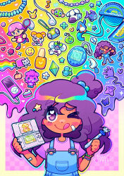  1girl absurdres animal_crossing bandaid bead_necklace beads bird black_hair bug cake candy_necklace character_request chewing_gum club_penguin colorful copyright_request curly_hair dark-skinned_female dark_skin dog dubble_bubble emoji food hamtaro hamtaro_(series) handheld_game_console highres inky_trash ipod jewelry keroro keroro_gunsou ladybug littlest_pet_shop maplestory mp3_player nail_polish necklace nintendo_ds nintendogs nyan_cat one_eye_closed original penguin pikachu pokemon popsicle rainbow rainbow_order star_(symbol) sticky_hand stylus the_rainbow_fish the_rainbow_fish_(series) the_sims tongue tongue_out villager_(animal_crossing) violet_eyes 