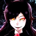  1girl animal_ears brooch brown_hair fangs gagrim glowing glowing_eyes highres imaizumi_kagerou jewelry long_hair looking_at_viewer open_mouth smile touhou wolf_ears yellow_eyes 