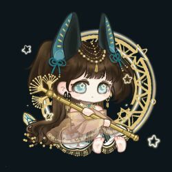  1girl animal_ear_fluff animal_ears animated animated_gif bare_shoulders barefoot beads black_background blinking blue_eyes blue_ribbon brown_collar brown_hair brown_jacket chibi circle closed_mouth collar detached_collar dog_ears dress expressionless eyelashes frilled_collar frilled_dress frills hair_beads hair_ornament hair_ribbon high_collar holding holding_staff jacket light_frown long_dress long_hair long_sleeves looping_animation neck_ribbon nikki_(series) off-shoulder_jacket off_shoulder ribbon see-through_clothes see-through_sleeves shining_nikki sitting soles solo spirit_of_anuwa_(shining_nikki) staff star_(symbol) star_in_eye symbol_in_eye tareme tassel tassel_hair_ornament toes two_side_up very_long_hair wavy_hair white_dress wide_sleeves xiaoyu_qixing 