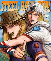  2boys absurdres american_flag american_flag_print arm_warmers armband arms_around_neck beanie blonde_hair blue_eyes blue_lips blue_nails blue_sky brown_hat commentary copyright_name english_commentary facial_hair finger_gun flag_print goggles goggles_on_headwear gold_teeth green_eyes green_lips grills gyro_zeppeli hair_horns hat heart_ornament highres hood hood_down hoodie horse_print horseshoe_hat_ornament horseshoe_ornament hug hug_from_behind johnny_joestar jojo_no_kimyou_na_bouken long_hair looking_at_viewer makeup male_focus mechimun_jojo medium_hair multiple_boys orange_sleeves parted_lips pointing pointing_at_viewer purple_armband purple_shirt purple_sleeves red_sleeves shirt short_sleeves sky star_(symbol) star_print steel_ball_run teeth toned toned_male two-tone_sleeves untranslatable_commentary white_hat white_hoodie white_sleeves 