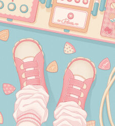  1girl bow_print cherry_print commentary effects_pedal floral_print food_print footwear_focus from_above fruit_print heart heart_print highres leg_warmers nekomaru0817 original pastel_colors pink_shoes plectrum scenery shoes solo standing white_leg_warmers 