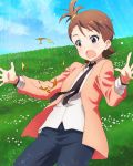  1girl :o balloon brown_eyes brown_hair field futami_ami grass hair_tie idolmaster idolmaster_million_live! jacket long_sleeves necktie official_art open_clothes open_jacket outdoors pants shirt short_hair side_ponytail sky solo spread_fingers standing surprised white_shirt wing_collar 