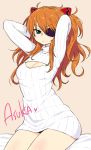  1girl arms_up blue_eyes blush breasts chan_co character_name cleavage cleavage_cutout eyepatch long_hair looking_at_viewer neon_genesis_evangelion open-chest_sweater orange_hair rebuild_of_evangelion ribbed_sweater shikinami_asuka_langley sitting solo souryuu_asuka_langley sweater sweater_dress turtleneck 