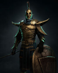  1boy 3d armor black_background black_gloves blue_pants blue_scarf commentary cowboy_shot english_commentary facing_viewer gloves gold_armor highres holding holding_polearm holding_weapon laurent_pozzuoli looking_at_viewer male_focus mohawk ordinator_armor ordinator_guard ordinator_helmet ornate_armor pants pointy_ears polearm red_eyes scarf shield shoulder_armor the_elder_scrolls the_elder_scrolls_iii:_morrowind weapon zbrush_(medium) 