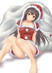  barefoot black_hair hat muffin_(sirumeria) panties pantyshot pantyshot_(sitting) red_eyes sack santa_costume santa_hat sitting underwear 