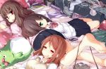  3girls barefoot brown_hair closed_eyes eyebrows green_eyes houjou_karen idolmaster idolmaster_cinderella_girls kamiya_nao long_hair looking_at_viewer looking_back lying multiple_girls natsu_(anta_tte_hitoha) on_back on_bed on_stomach open_mouth red_eyes school_uniform shibuya_rin stuffed_animal stuffed_toy 