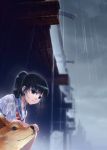  1girl ainili black_eyes black_hair blurry depth_of_field dog original parted_lips petting ponytail rain school_uniform serafuku smile wet wet_clothes 