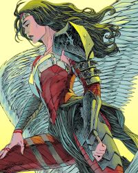  1girl absolute_dc absolute_wonder_woman amazon_warrior arm_tattoo arm_wrap armor black_hair dc_comics guillem_march highres long_hair red_tattoo solo superhero_costume tattoo tattoo_sleeve wonder_woman wonder_woman_(absolute_dc) wonder_woman_(series) 