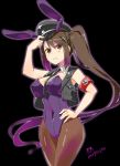  &gt;:&lt; 1girl alternate_costume animal_ears breasts brown_eyes brown_hair bunnysuit cleavage detached_collar hat highres imu_sanjo kantai_collection kemonomimi_mode long_hair looking_at_viewer nachi_(kantai_collection) pantyhose peaked_cap rabbit_ears side_ponytail solo translated 