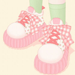  1girl bow checkered_bow checkered_clothes cherry_print colored_shoe_soles commentary feet food_print foot_focus footwear_bow fruit_print green_socks highres nekomaru0817 original pastel_colors pink_bow pink_shoes ribbon shoes sneakers socks solo standing untranslatable_commentary yellow_background 