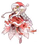  1girl adapted_costume bare_shoulders bell black_gloves blush bow braid breasts cherry2317 christmas dress elbow_gloves full_body fur_trim gloves hair_bow hair_ornament halterneck hat leg_up long_hair orange_eyes puzzle_&amp;_dragons red_bow santa_costume santa_hat silver_hair single_braid smile solo star striped striped_legwear thigh-highs twin_braids valkyrie_(p&amp;d) very_long_hair wings wreath 