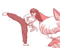  1boy barefoot black_hair black_pants cat coke-bottle_glasses commentary_request glasses kicking long_hair mousse_(ranma_1/2) pants ranma_1/2 shampoo_(cat) shirt simple_background wanta_(futoshi) white_background white_shirt 