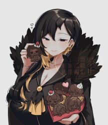  1girl alternate_breast_size_(larger) asymmetrical_hair ayin_(project_moon) binah_(project_moon) black_coat black_dress black_eyes black_hair black_nails blonde_hair box box_of_chocolates breasts coat colored_inner_hair commentary_request dress ee_extension_02 fur-trimmed_coat fur_trim gebura_(project_moon) heart-shaped_box highres hokma_(project_moon) holding huge_breasts jewelry large_breasts library_of_ruina long_sleeves looking_at_viewer mole mole_under_eye multicolored_hair multiple_rings project_moon ring roland_(project_moon) smile smug watermark white_background zena_(project_moon) 