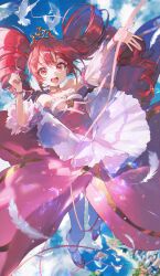  1girl absurdres ame_jang bare_shoulders blue_sky choker clouds cloudy_sky commentary crown detached_sleeves dress drill_hair earrings feathers fine_(futagohime) flying frilled_dress frilled_sleeves frills full_body fushigiboshi_no_futago_hime hair_ribbon highres jewelry long_hair looking_at_viewer open_mouth pink_dress ribbon sky smile solo star_(symbol) star_earrings thigh-highs twin_drills untranslatable_commentary white_thighhighs 