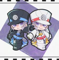  2boys black_gloves black_hat brothers chibi chibi_only commentary_request emmet_(pokemon) emmet_(sygna_suit)_(pokemon) full_body gloves grey_hair hat ingo_(pokemon) ingo_(sygna_suit)_(pokemon) looking_at_viewer male_focus multiple_boys muno_(muno_sougooo) official_alternate_costume pokemon pokemon_masters_ex siblings standing thick_outlines violet_eyes white_gloves white_hat 