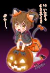  1girl animal_ears brown_eyes brown_hair cat_ears cat_paws cat_tail fang folded_ponytail halloween highres imu_sanjo inazuma_(kantai_collection) jack-o&#039;-lantern kantai_collection kemonomimi_mode kneeling looking_at_viewer open_mouth paws pleated_skirt shoes skirt solo tail thigh-highs translation_request white_legwear zettai_ryouiki 
