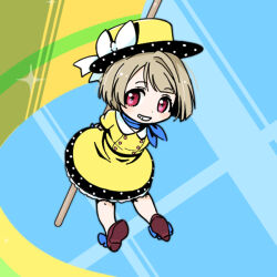  1girl blue_background blue_bow blue_neckerchief bow brown_hair buttons collared_dress commentary contrast_collar double-breasted dress flag footwear_bow full_body grin hat holding holding_behind_back holding_flag looking_at_viewer love_live! love_live!_nijigasaki_high_school_idol_club nakasu_kasumi neckerchief pink_eyes poppin'_up!_(love_live!) red_shoes shinanoya_(satanicad) shoes short_hair short_sleeves smile solo two-sided_fabric two-sided_headwear untranslatable_commentary yellow_dress yellow_hat 