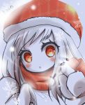  1girl against_glass close-up hanaya_(hanaya246) kantai_collection long_hair looking_at_viewer lowres mittens northern_ocean_hime orange_eyes parted_lips scarf silver_hair solo translation_request white_skin writing 