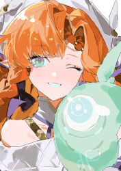  1girl 333takoyaki absurdres bare_shoulders braid braided_sidelocks commentary_request green_eyes headscarf highres long_hair looking_at_viewer orange_hair pink_eyes pointy_ears portrait sidelocks sigrika_(wuthering_waves) smile soliskin_(wuthering_waves) solo wuthering_waves 