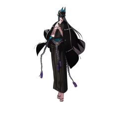  1boy black_haori black_kimono blue_hair fate/grand_order fate_(series) fox_mask full_body grey_hair hadanugi_dousa haori highres holding holding_smoking_pipe japanese_clothes katana kimono kondou_isami_(fate) kondou_isami_(second_ascension)_(fate) long_hair male_focus mask multicolored_hair official_art pako_(pakosun) rope_belt sandals smoking_pipe solo standing streaked_hair sword tachi-e tassel third-party_source transparent_background two-tone_hair weapon 