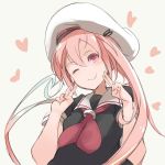  1girl beret double_v harusame_(kantai_collection) hat kantai_collection norata_(artist) one_eye_closed pink_eyes pink_hair school_uniform serafuku side_ponytail v winking 