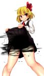  1girl absurdres black_dress blonde_hair commentary darkness dress dress_lift fangs grin hair_ribbon highres long_sleeves looking_at_viewer red_eyes ribbon rumia shirt smile solo tosi touhou 