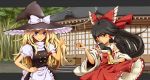  &gt;:) 2girls ascot black_eyes black_hair blonde_hair blue_eyes bow detached_sleeves fighting_stance hair_bow hair_ribbon hair_tubes hakurei_reimu hat highres kirisame_marisa long_hair looking_at_viewer multiple_girls pureji_oshou ribbon smile touhou witch_hat 