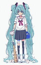  1girl absurdly_long_hair asymmetrical_legwear ball bandaged_leg bandages bandaid bandaid_on_arm bandaid_on_cheek bandaid_on_face baseball_(object) baseball_bat baseball_mitt blue_eyes blue_hair commentary_request full_body hair_ornament hatsune_miku highres holding holding_baseball_bat long_hair looking_at_viewer neck_ribbon pleated_skirt ribbon school_uniform serafuku shoes short_sleeves skirt sneakers solo tachibanashiro17 thigh-highs torn_clothes torn_socks torn_thighhighs twintails very_long_hair vocaloid 